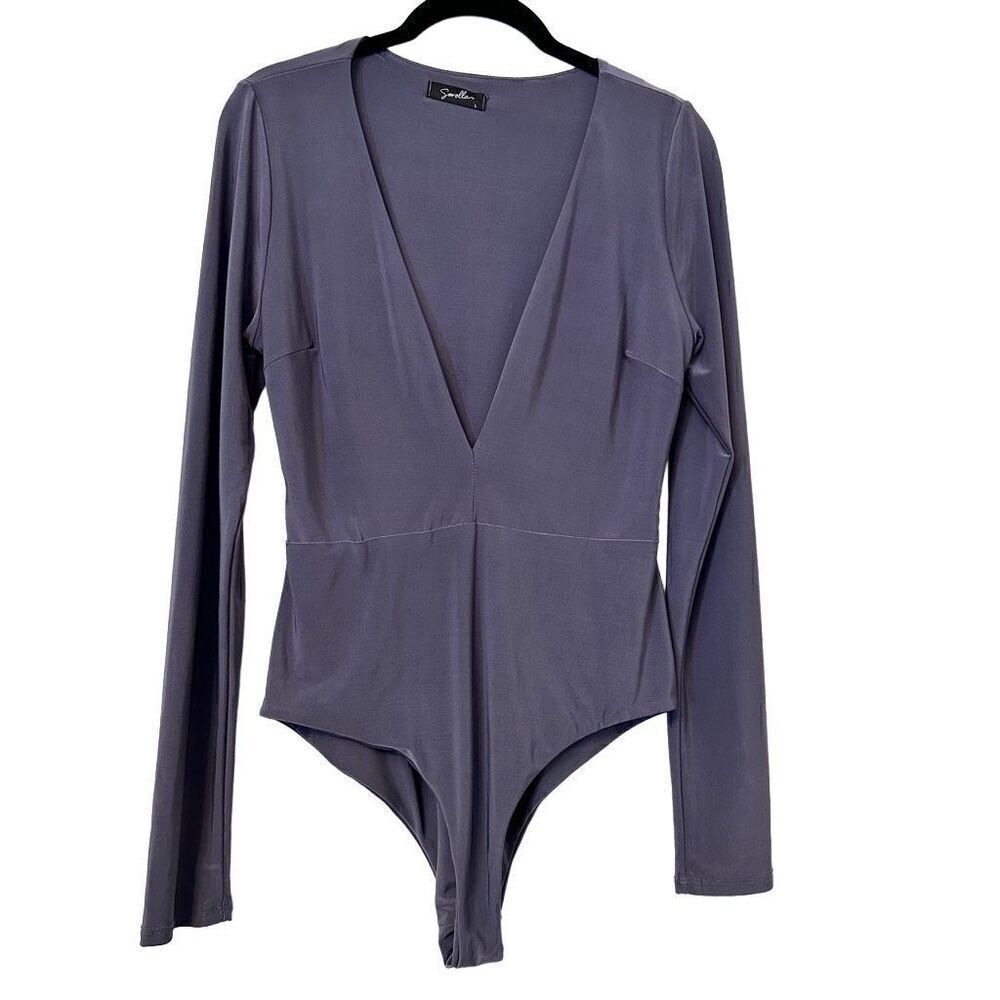 Sorella Plunge V-Neck Long Sleeve Jersey Knit Bodysuit Slate Blue Gray Large